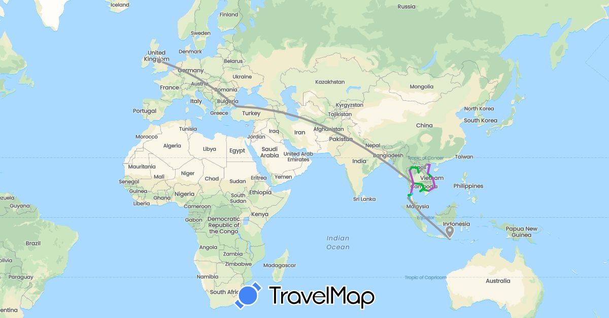 TravelMap itinerary: bus, plane, train, boat in United Kingdom, Indonesia, Cambodia, Laos, Singapore, Thailand, Turkey, Vietnam (Asia, Europe)