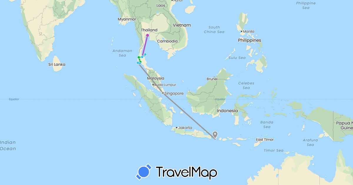 TravelMap itinerary: driving, bus, plane, train, boat in Indonesia, Singapore, Thailand (Asia)